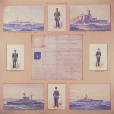 H.M.S. Cardiff, H.M.S. Hood, H.M.S. Queen Elizabeth, H.M.S. Royal Sovereign y oficiales en uniformes navales de R. and Smith Simkin